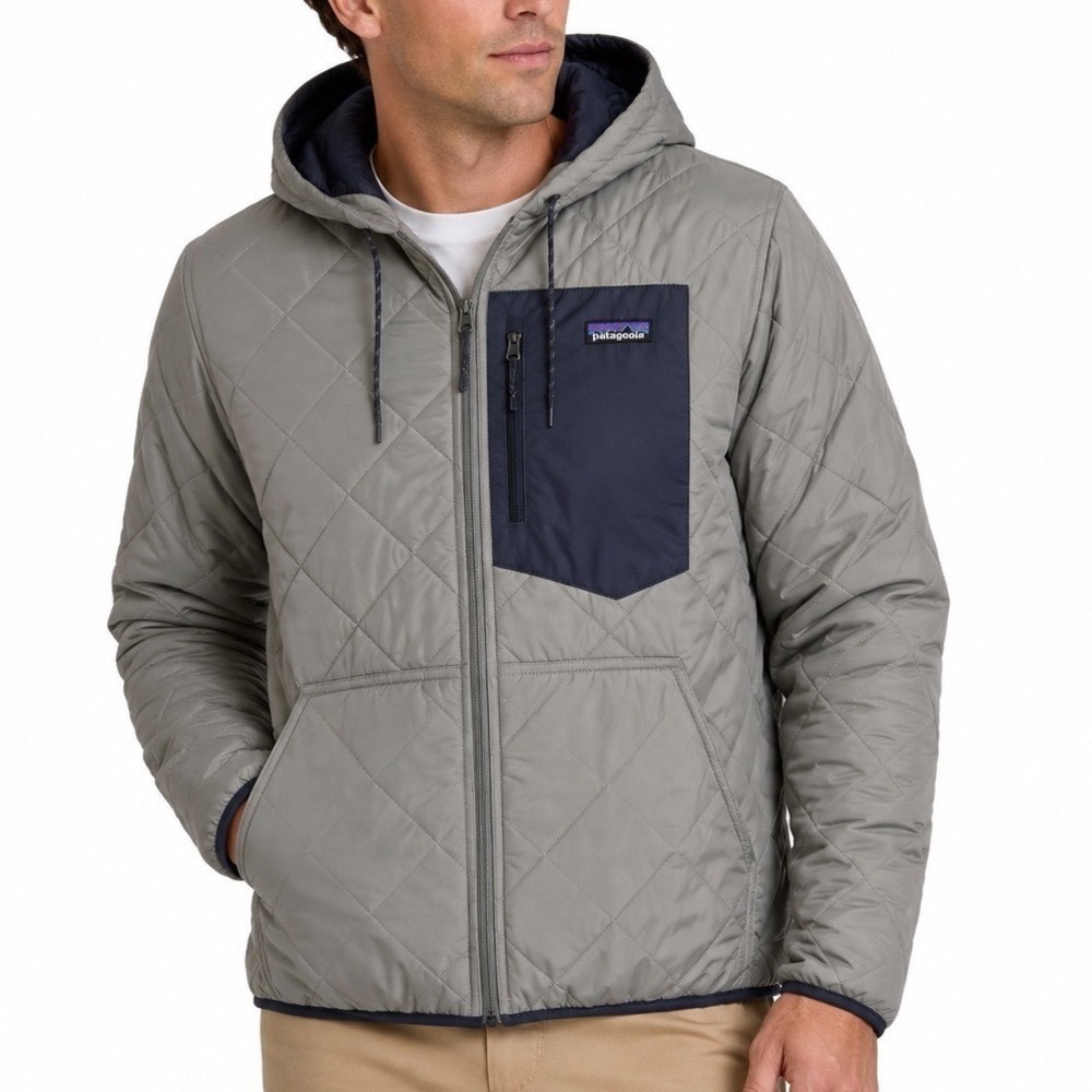 Patagonia Men's Diamond Quilted Bomber Hoodie Jacket Forever Grey Size XL NWT